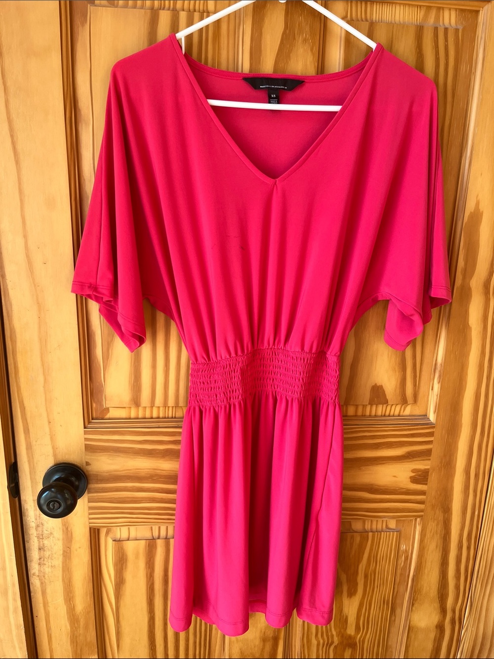 Women’s V-Neck Smocked-Waist Dress in Bright Pink - Size XS